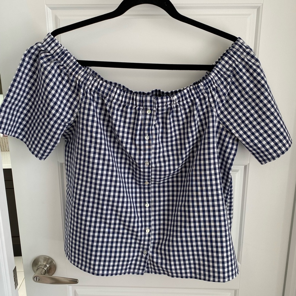Blue Gingham Off-The-Shoulder Blouse